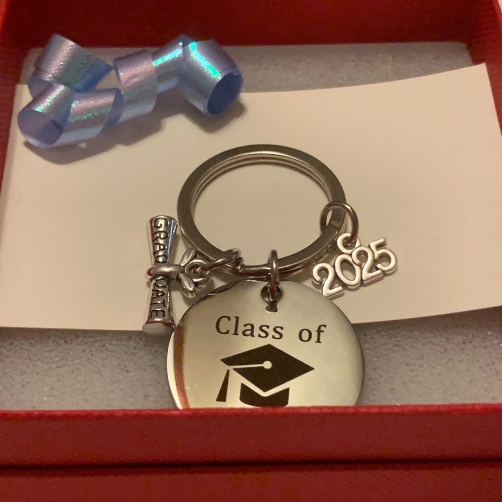 Hand Crafted Class of 2025 Silver Graduation Keychain with Red Box